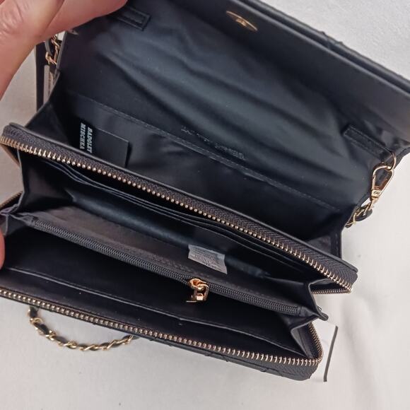 Badgley Mischka Quilted Wallet on a Chain Purse Black Crossbody Gold Studs Glam - Picture 2 of 16